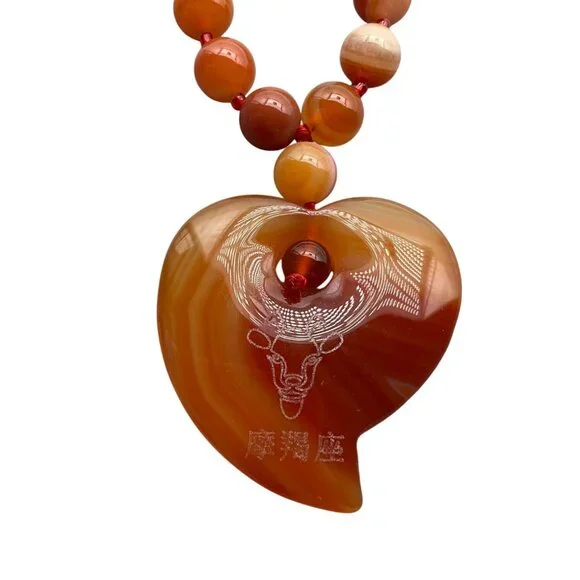 New Long Orange Agate Beaded Necklace Heart Pendant Engraving 15" - Picture 2 of 9